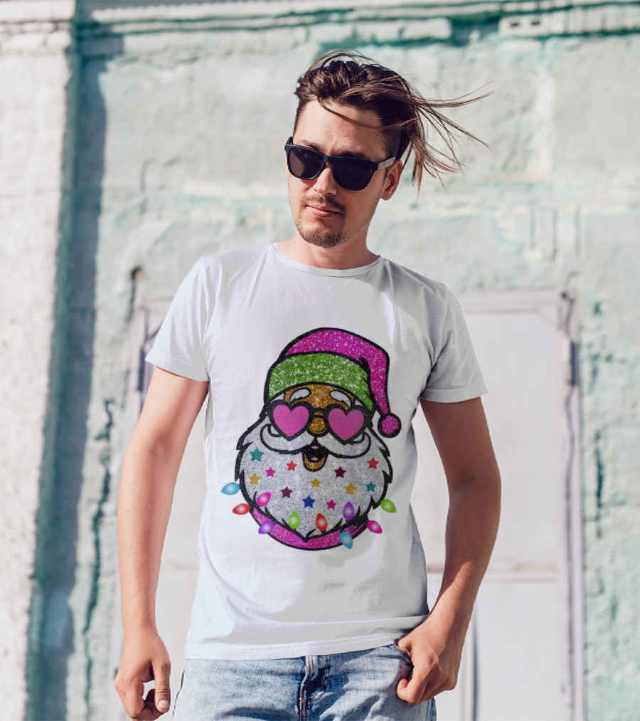 Glittery Pink Santa Claus With Heart Sunglasses And Colorful Stars And Holiday Lights T-Shirt