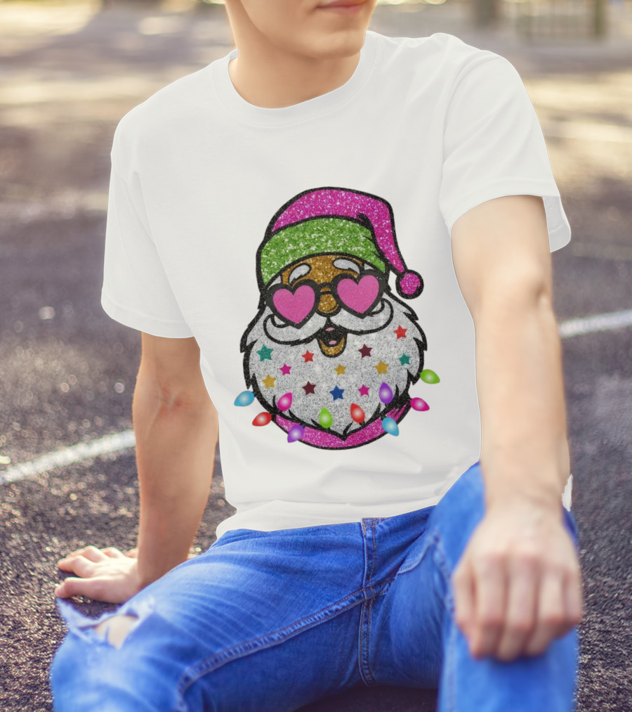 Glittery Pink Santa Claus With Heart Sunglasses And Colorful Stars And Holiday Lights T-Shirt