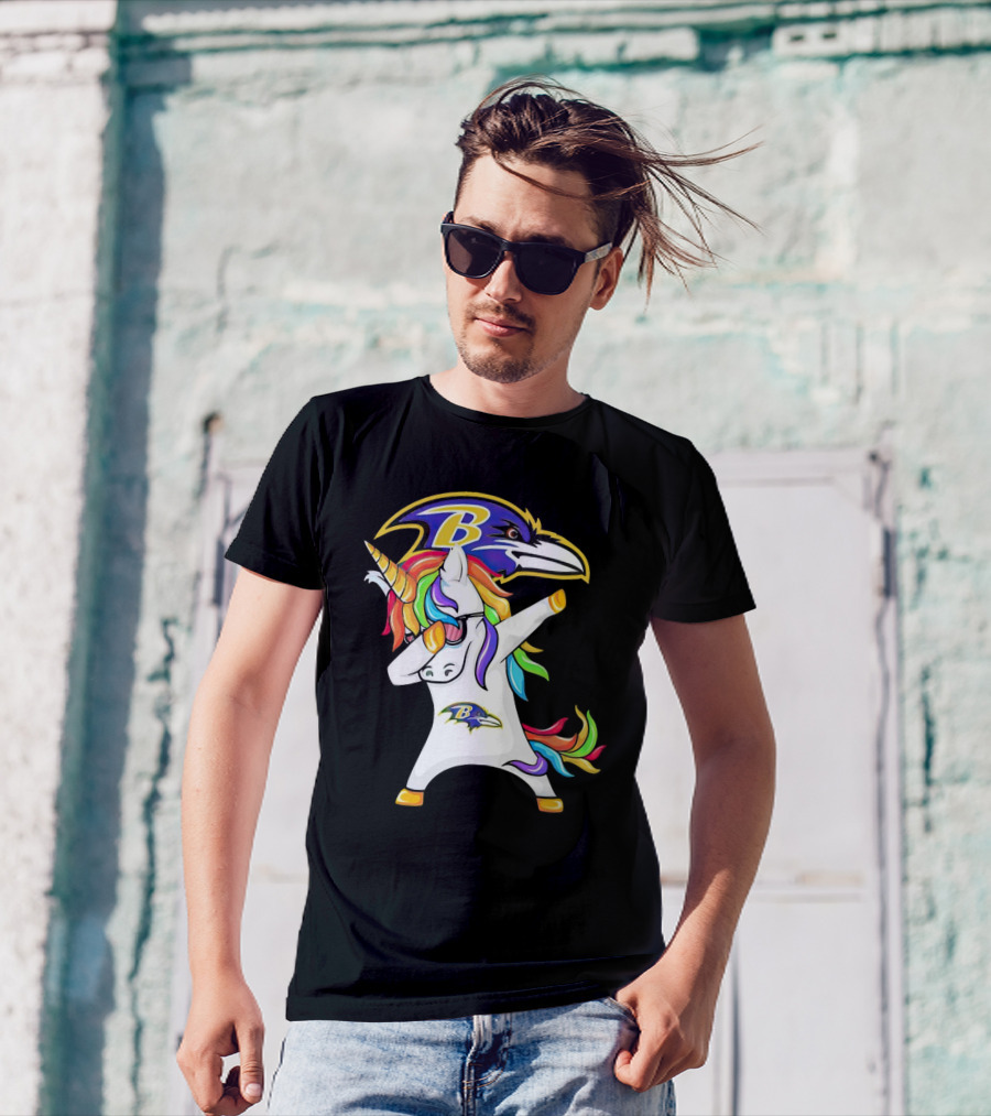 Unicorn Dabbing Baltimore Ravens Emblem Rainbow Colors T-Shirt