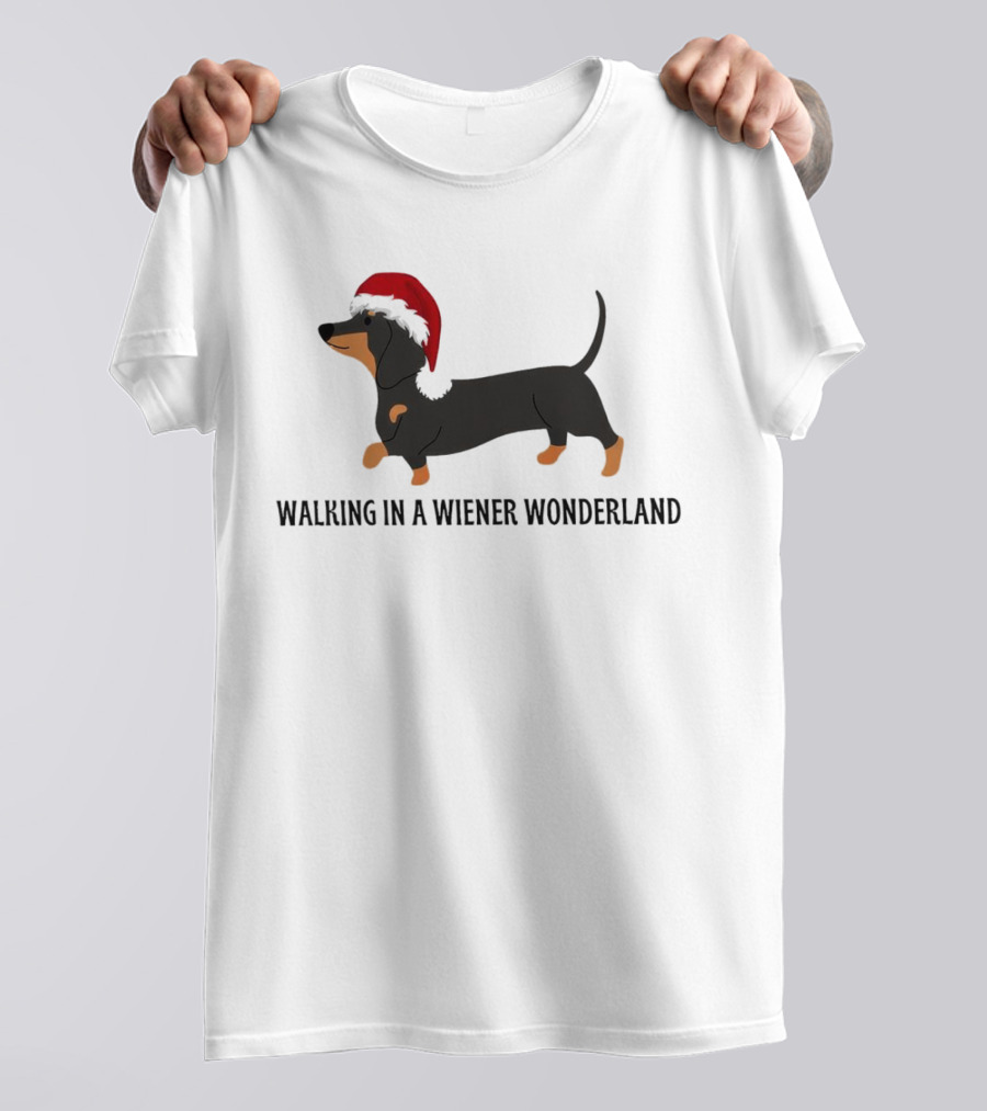 Christmas Walking In A Wiener Wonderland Dachshund With Santa Hat T-Shirt