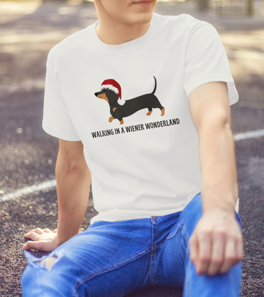 Christmas Walking In A Wiener Wonderland Dachshund With Santa Hat T-Shirt