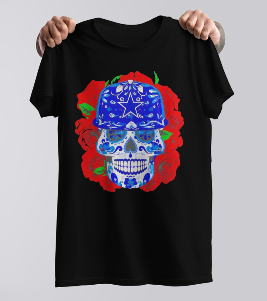 Dallas Cowboys Sugar Skull With Blue Star Hat And Roses T-Shirt