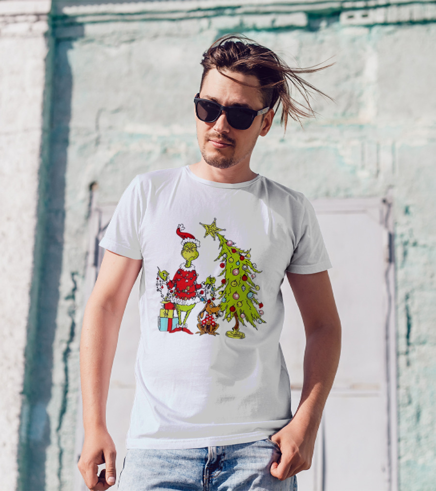Grinch In Santa Hat And Dog With Christmas Tree And Presents T-Shirt