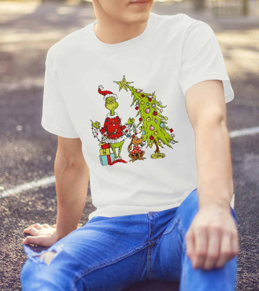 Grinch In Santa Hat And Dog With Christmas Tree And Presents T-Shirt