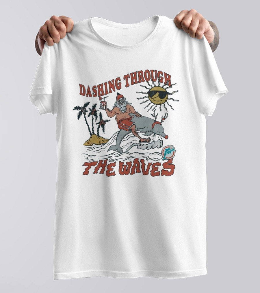 Dashing Through The Waves Miami Dolphins Christmas Santa Riding Dolphin T-Shirt