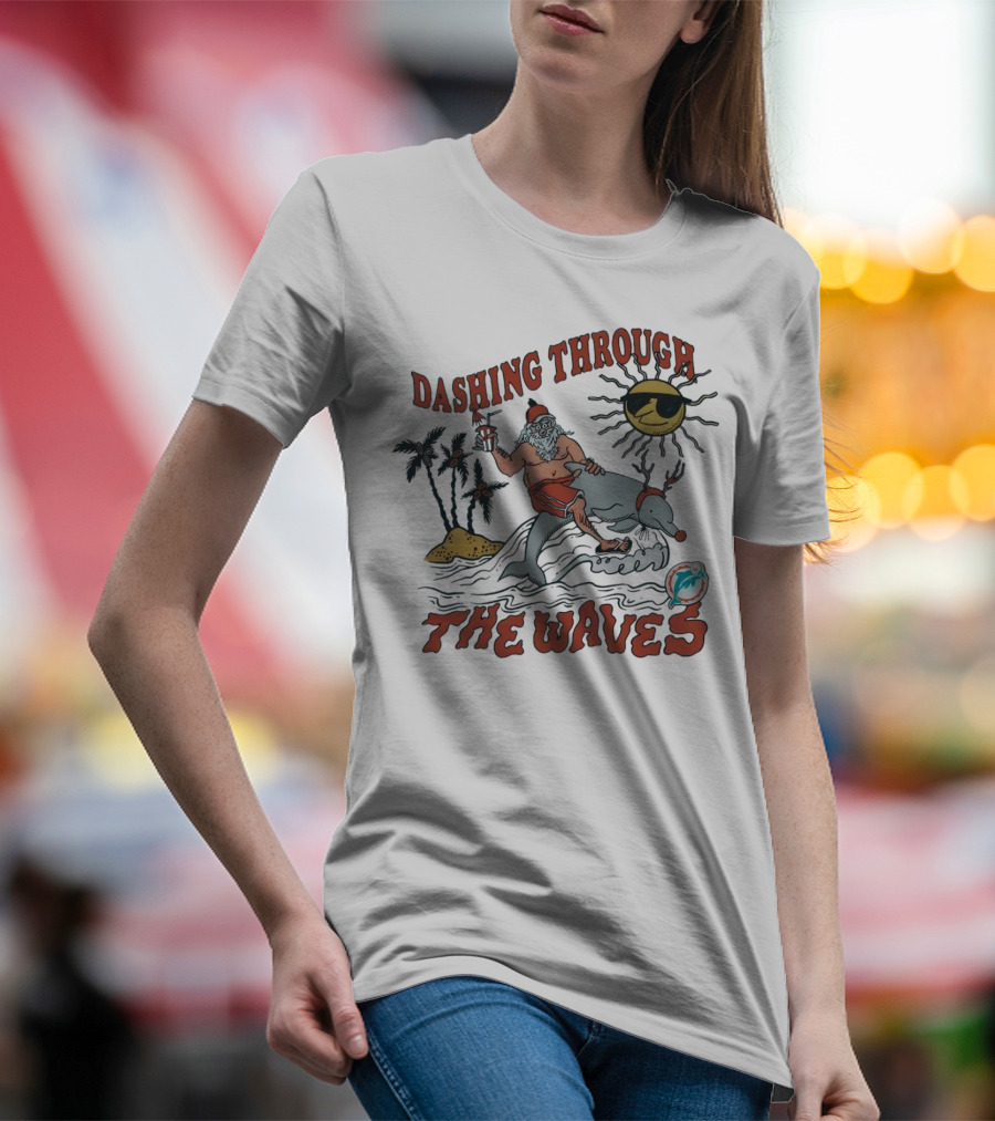 Dashing Through The Waves Miami Dolphins Christmas Santa Riding Dolphin T-Shirt