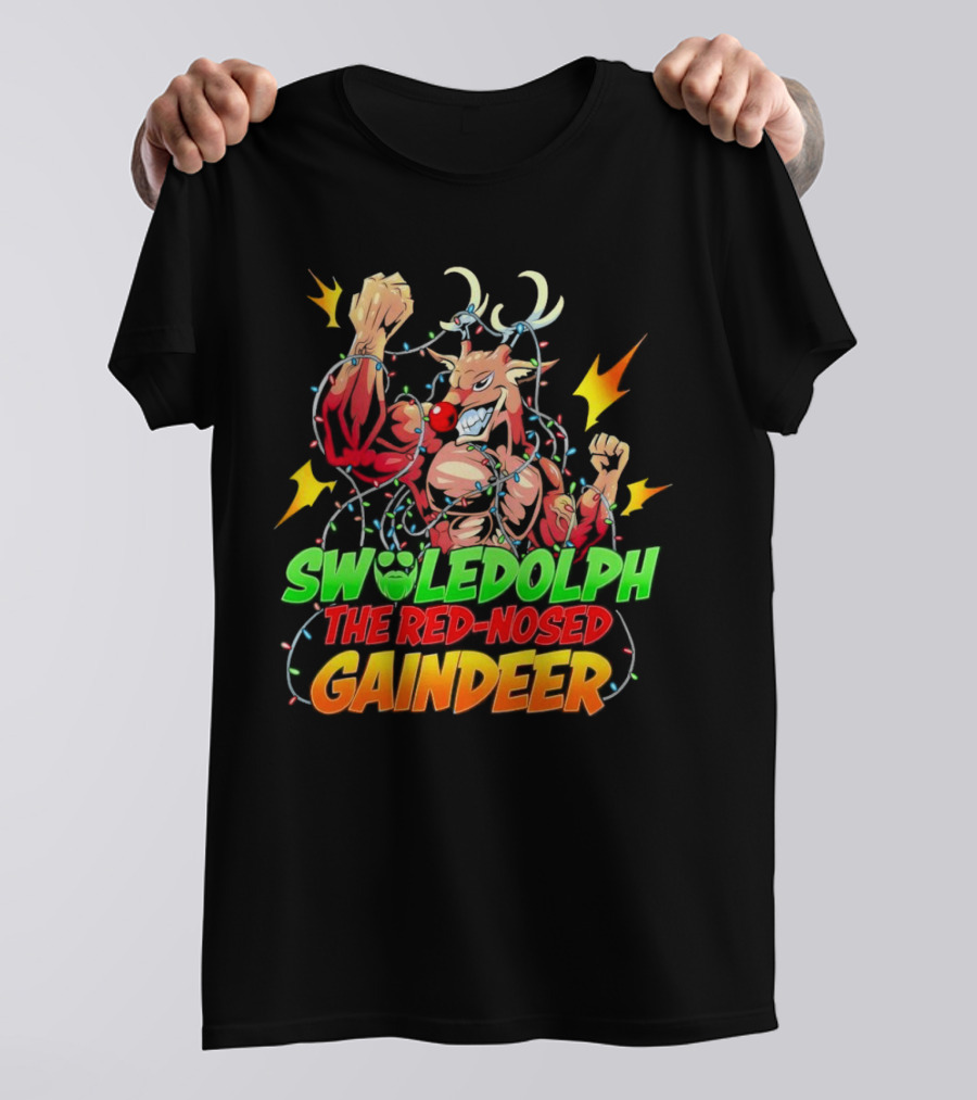 Swoledolph The Red-Nosed Gaindeer Christmas Lights Flexing T-Shirt