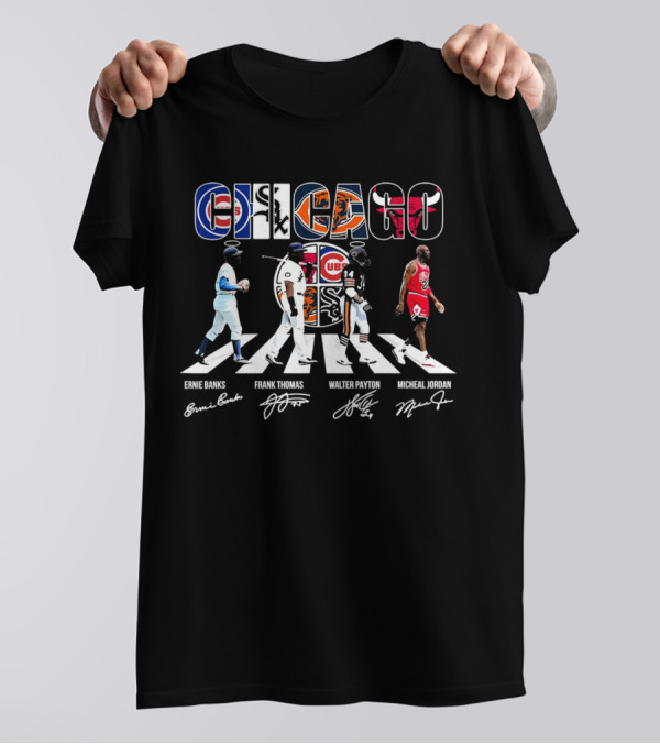 Chicago Cubs Bears Bulls Abbey Road Ernie Banks Frank Thomas Walter Payton Michael Jordan Signatures T-Shirt