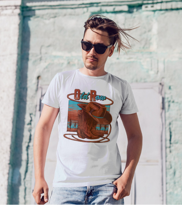 Old Row Western Cowboy Boots And Hat Desert Scene T-Shirt