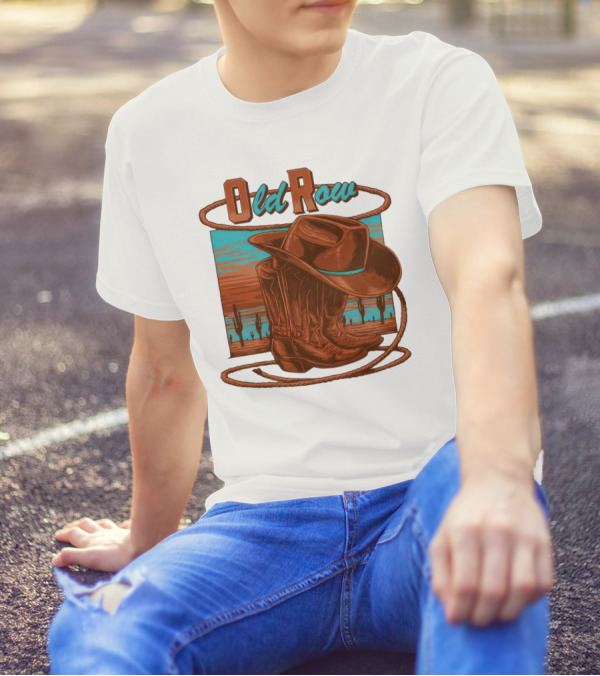 Old Row Western Cowboy Boots And Hat Desert Scene T-Shirt