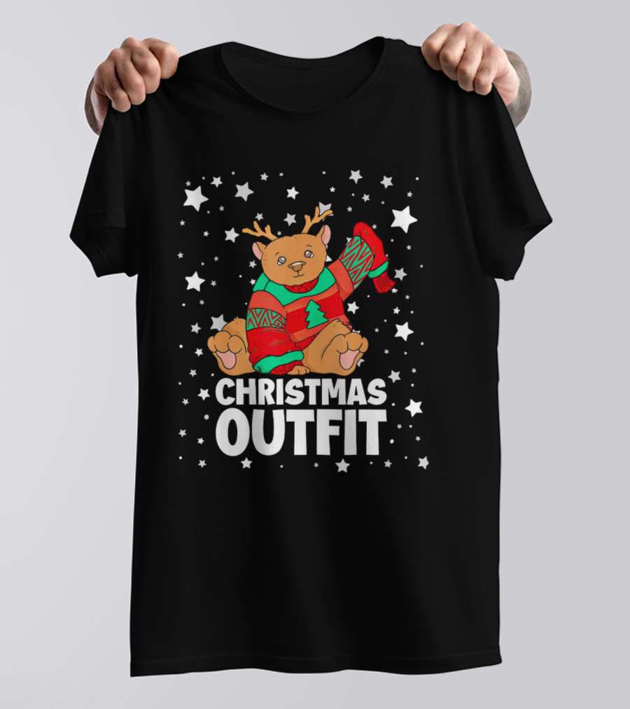 Bear Reindeer Christmas Outfit With Festive Sweater And Stars T-Shirt