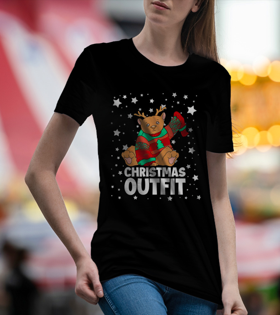 Bear Reindeer Christmas Outfit With Festive Sweater And Stars T-Shirt
