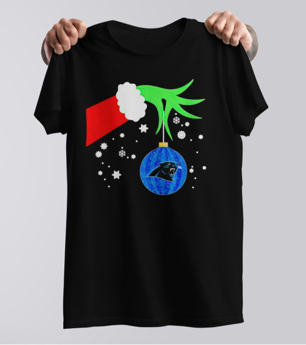The Grinch Holding Carolina Panthers Christmas Ornament With Snowflakes T-Shirt