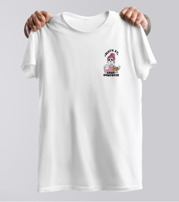 Death By Book Hangcover Skeleton With Pink Hair And Coffee Cup T-Shirt