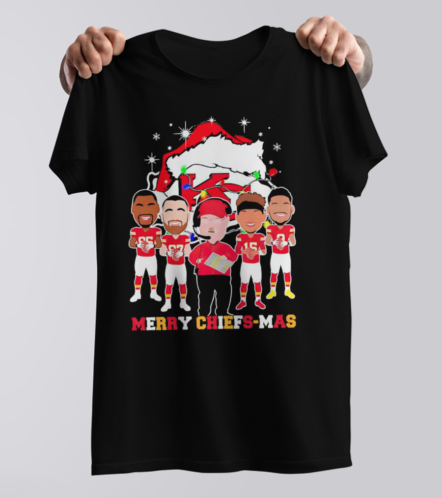 Kansas City Chiefs Merry Chiefs-Mas Christmas NFL Team Festive Cartoon Players And Santa Hat T-Shirt