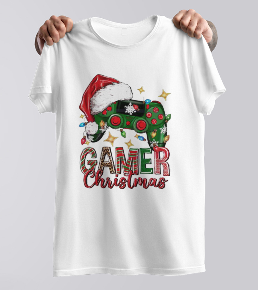 Gamer Christmas Santa Hat Game Controller Holiday Lights T-Shirt