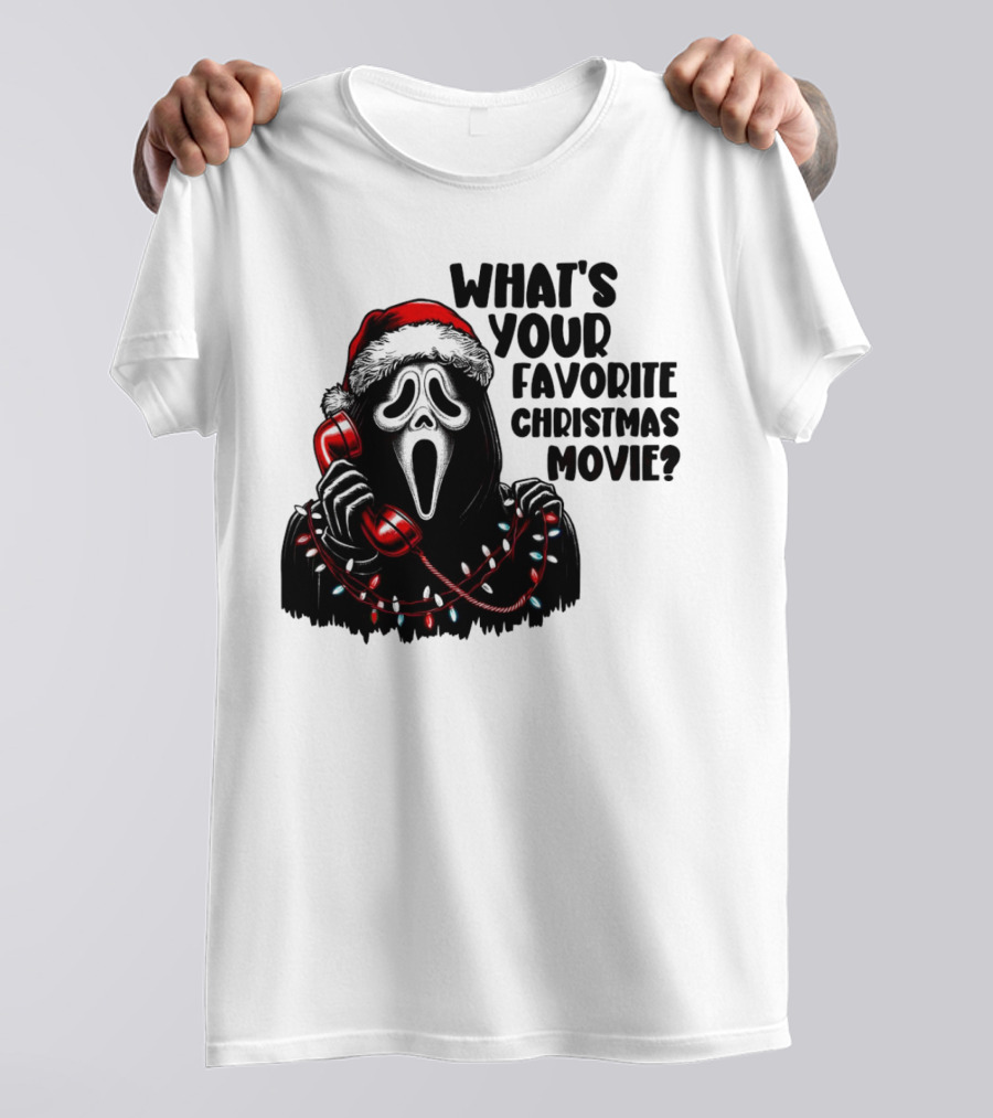 Ghostface What's Your Favorite Christmas Movie Festive Horror Santa Hat Phone Lights T-Shirt