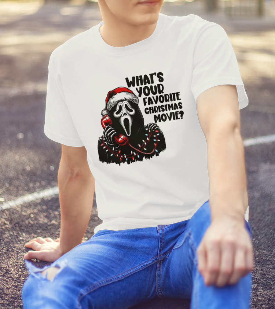 Ghostface What's Your Favorite Christmas Movie Festive Horror Santa Hat Phone Lights T-Shirt