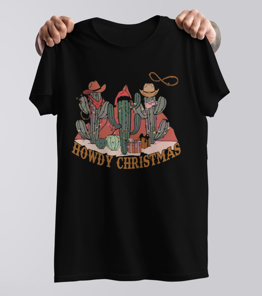 Howdy Christmas Cactus Cowboy Hats And Lasso Holiday Scene T-Shirt