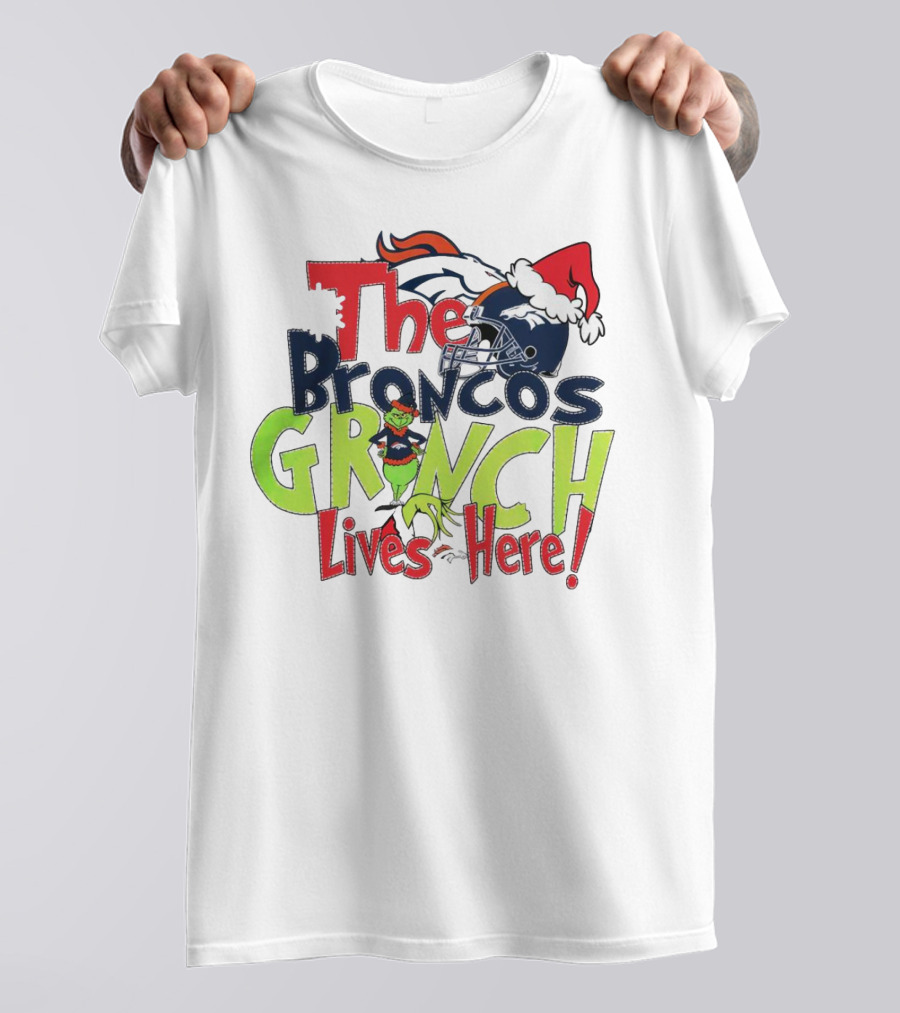 The Broncos Grinch Lives Here Christmas Denver Broncos Santa Hat Helmet T-Shirt