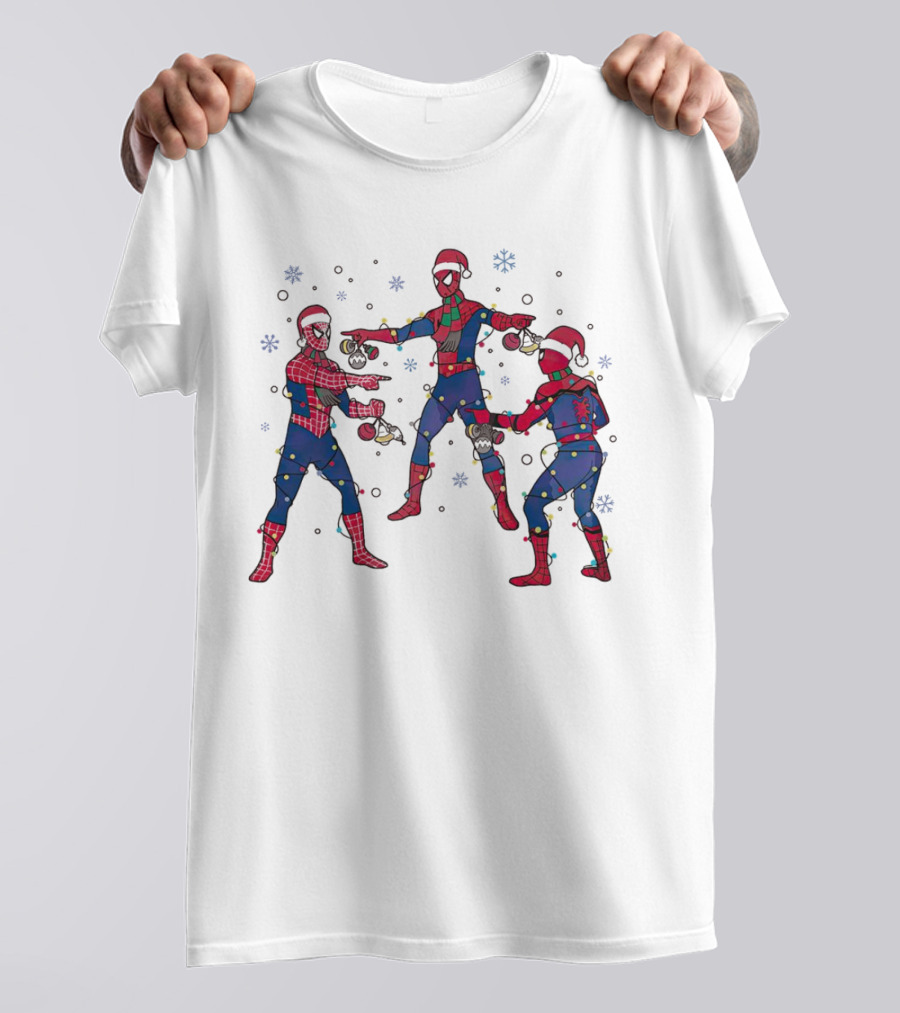 Funny Marvel Three Spiderman Meme Santa Christmas Lights Snowflakes T-Shirt
