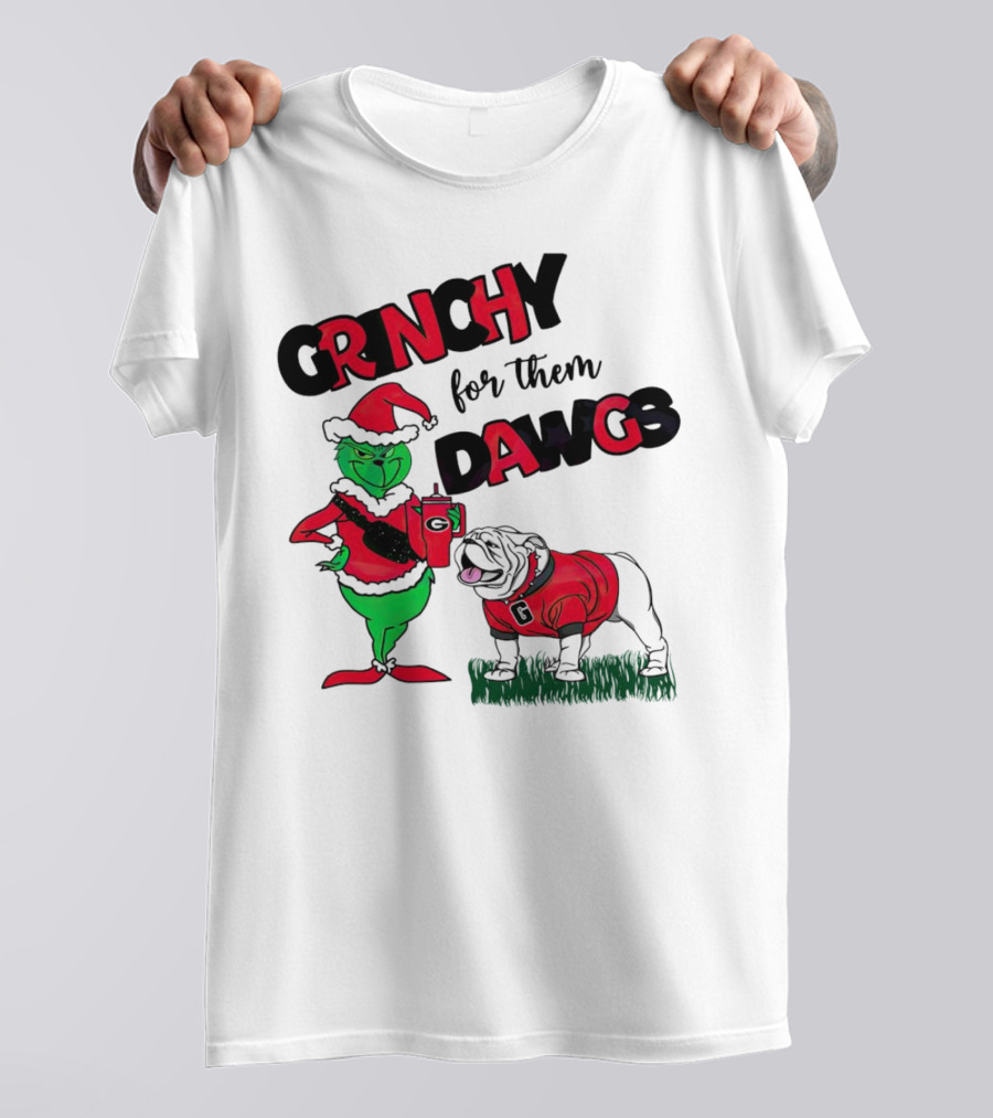 Grinchy For Them Dawgs Georgia Bulldogs Football Christmas Grinch Holding Drink And Bulldog Wearing Red T-Shirt