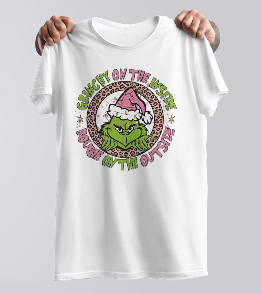 Grinchy On The Inside Bougie On The Outside Leopard Santa Hat T-Shirt