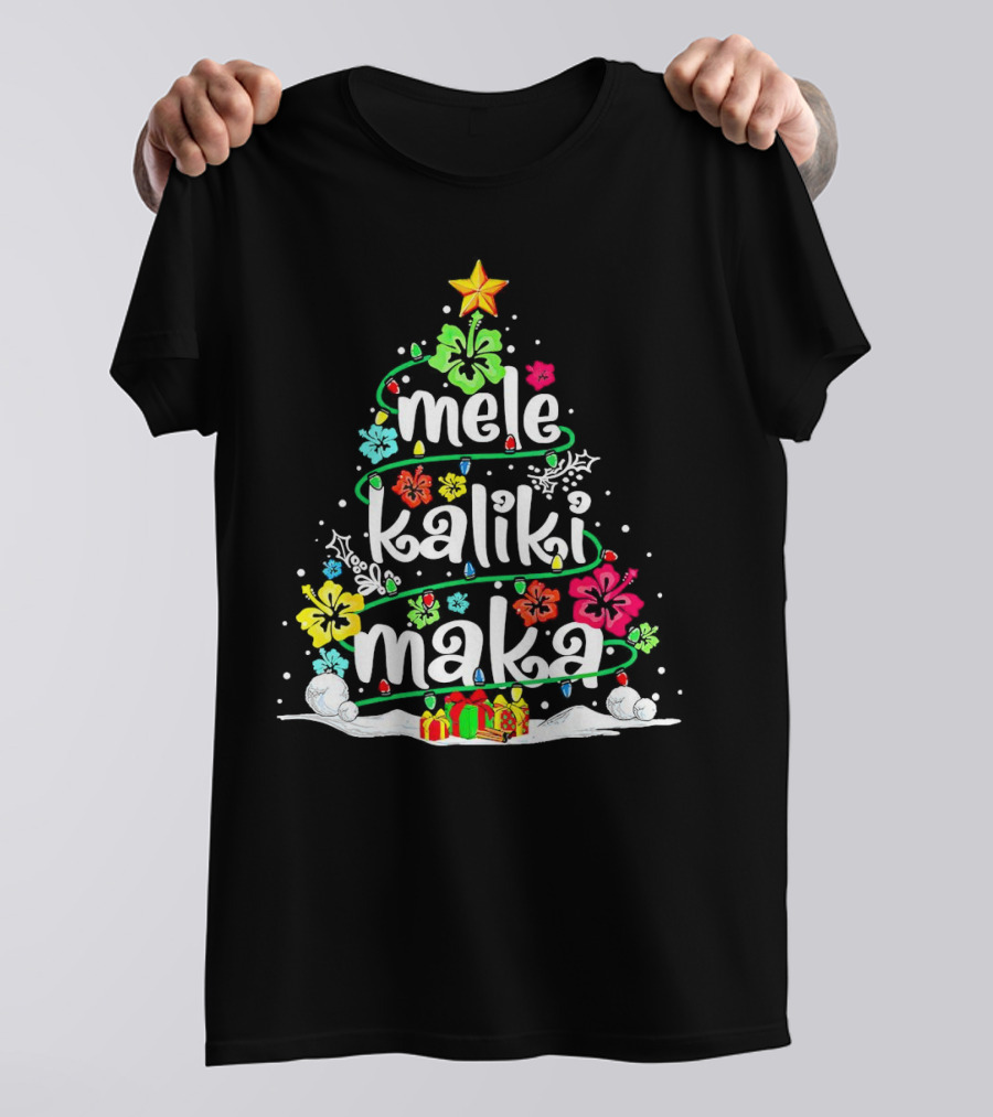 Mele Kalikimaka Christmas Tree With Flowers And Gifts T-Shirt
