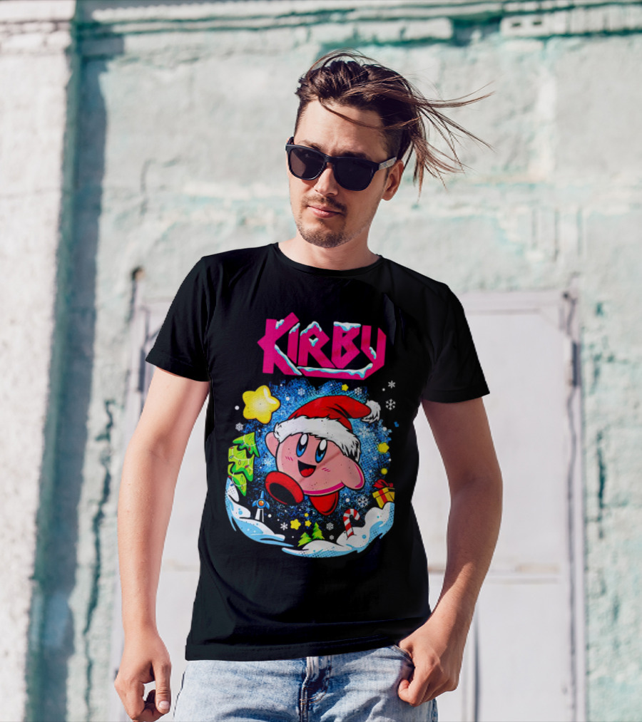 Kirby Holiday Snow Adventure With Kreator Style Santa Hat And Winter Delights T-Shirt