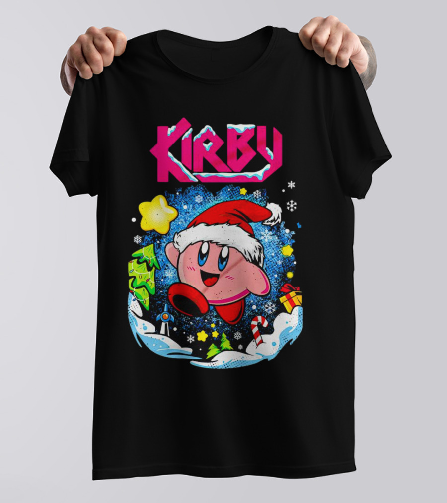Kirby Holiday Snow Adventure With Kreator Style Santa Hat And Winter Delights T-Shirt