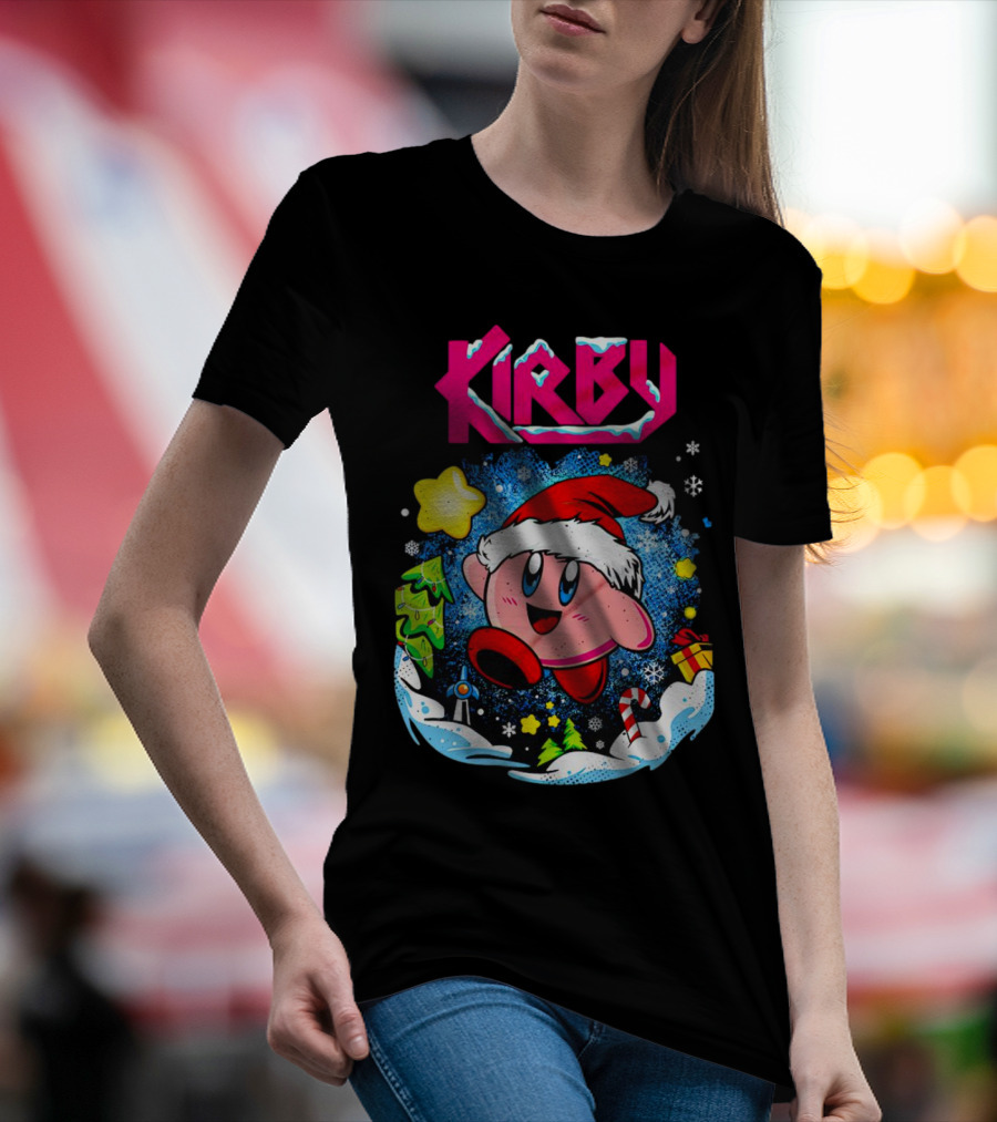 Kirby Holiday Snow Adventure With Kreator Style Santa Hat And Winter Delights T-Shirt
