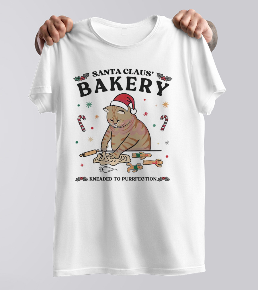 Santa Claus' Bakery Kneaded To Purrfection Cat With Santa Hat Making Cookies T-Shirt