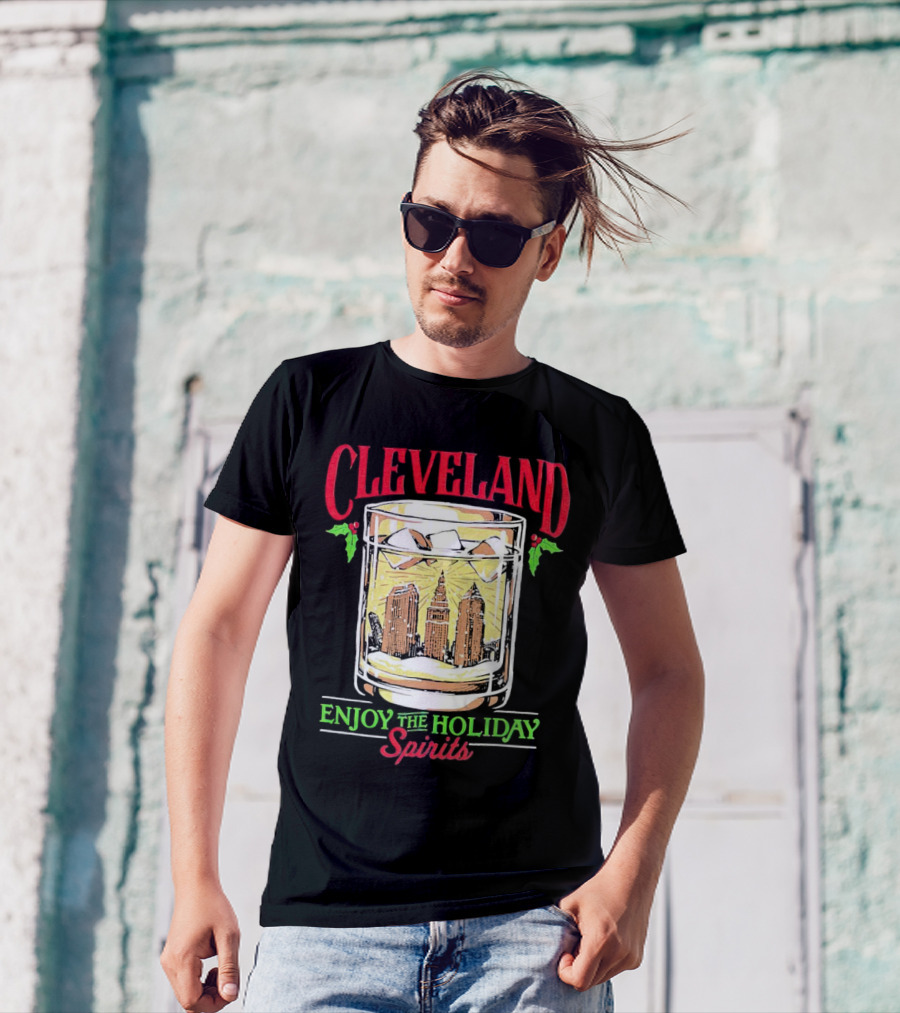 Cleveland Skyline In Whiskey Glass Enjoy The Holiday Spirits T-Shirt