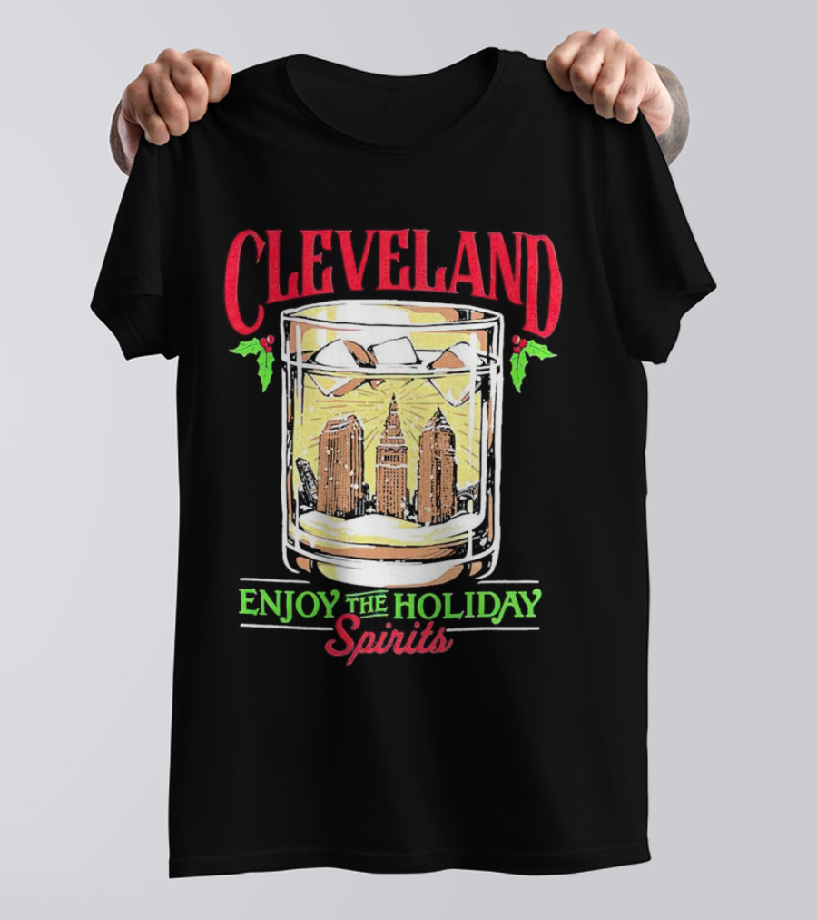 Cleveland Skyline In Whiskey Glass Enjoy The Holiday Spirits T-Shirt