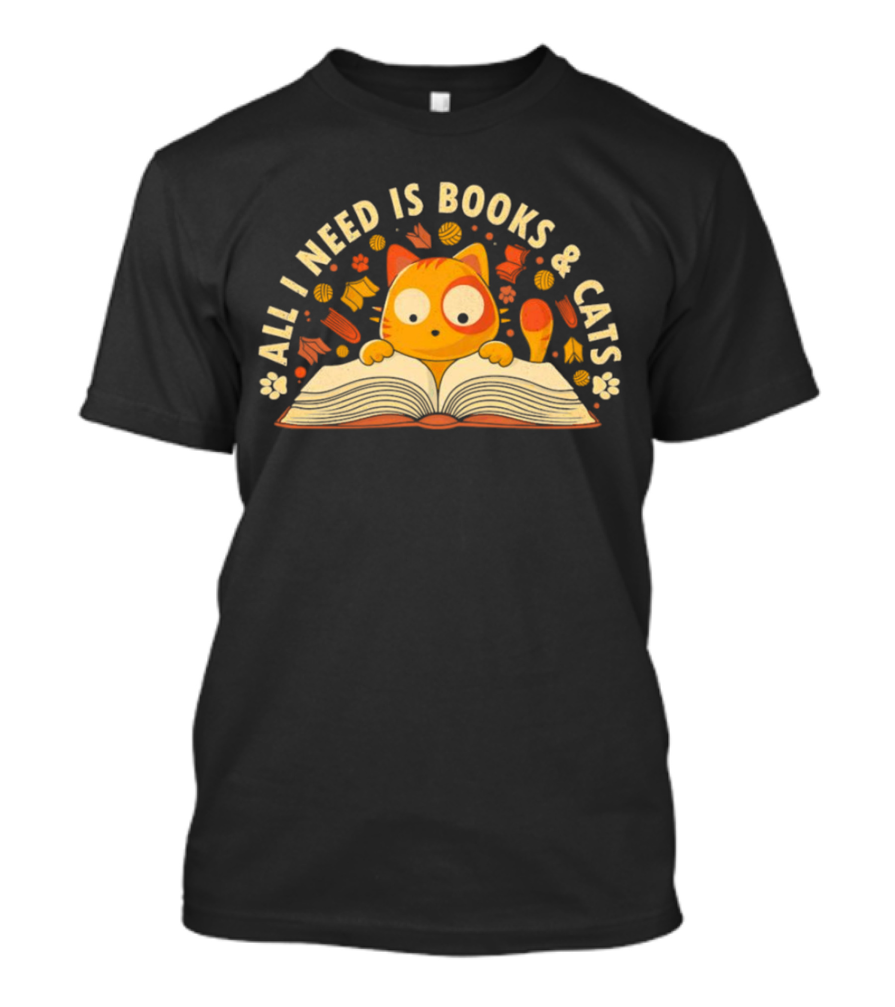 All I Need Is Books And Cats With Curious Feline And Open Book T-Shirt