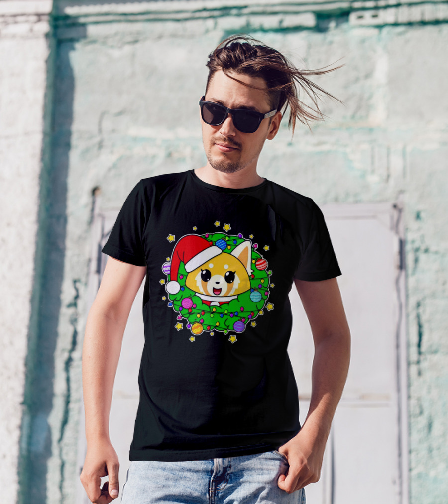 Aggressively Merry Christmas Kawaii Red Panda With Santa Hat In Holiday Wreath T-Shirt