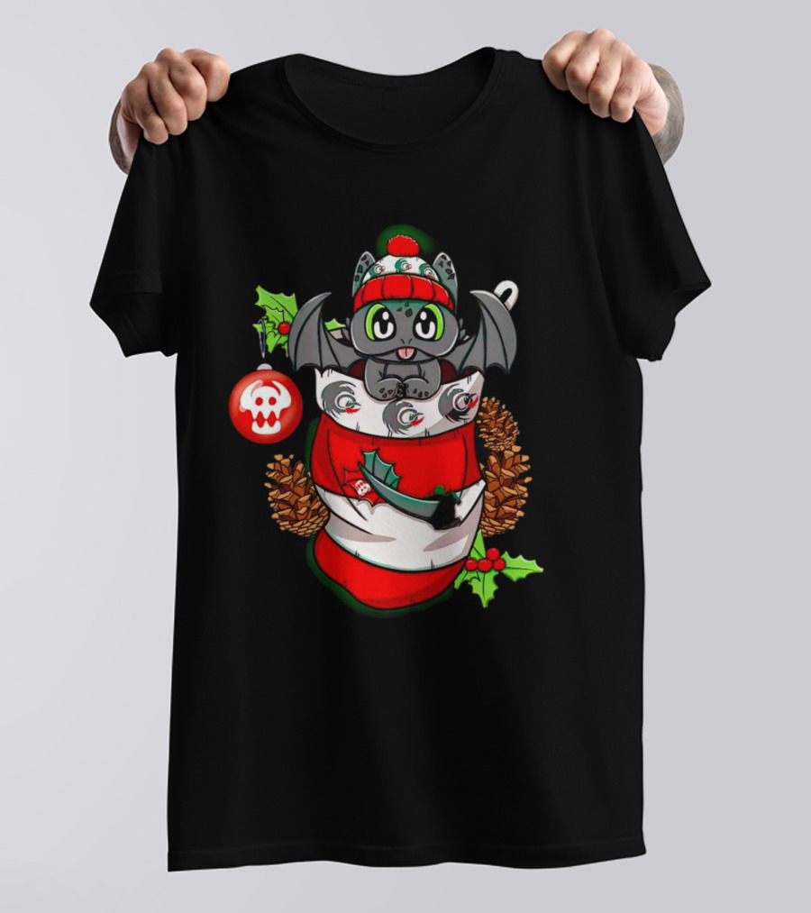 Baby Dragon Holiday Stocking With Skull Ornament And Pinecones T-Shirt