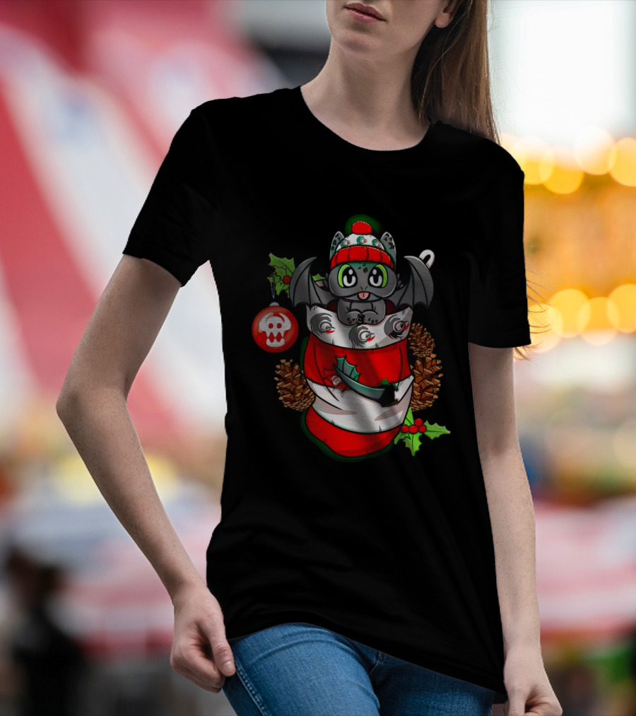 Baby Dragon Holiday Stocking With Skull Ornament And Pinecones T-Shirt