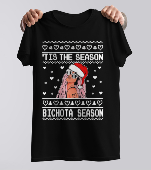 Bichota Season 'Tis The Season Christmas Santa Hat Hearts And Snowflakes T-Shirt