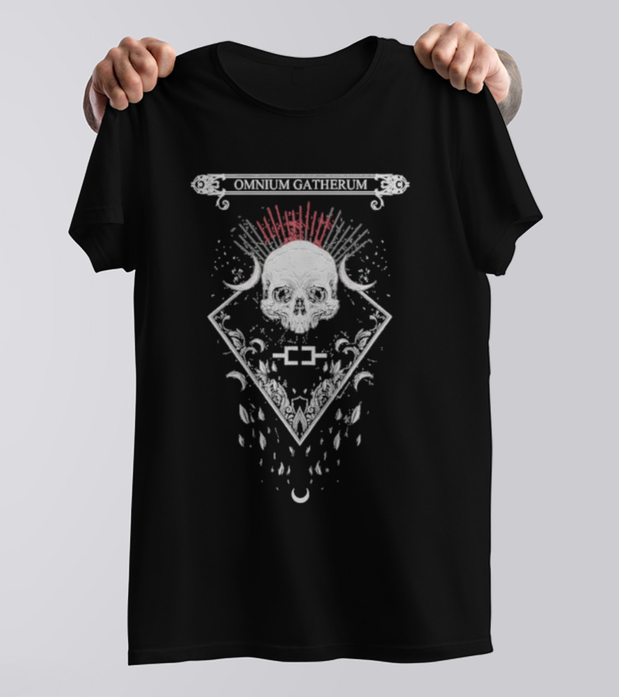 Omnium Gatherum Skull With Symbolic Red Rays And Crescent Moons T-Shirt
