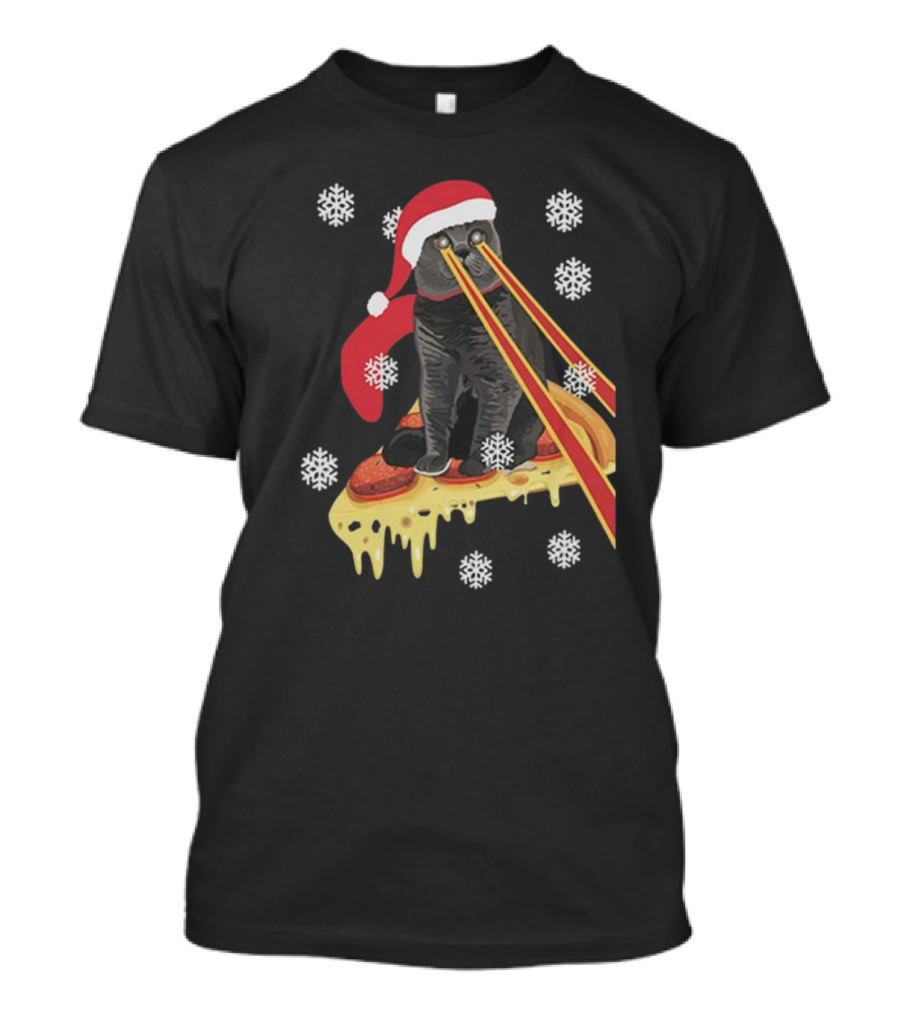The Guardians Of The Galaxy Drax Cat Pizza Laser Eyes Santa Hat Christmas Snowflakes T-Shirt