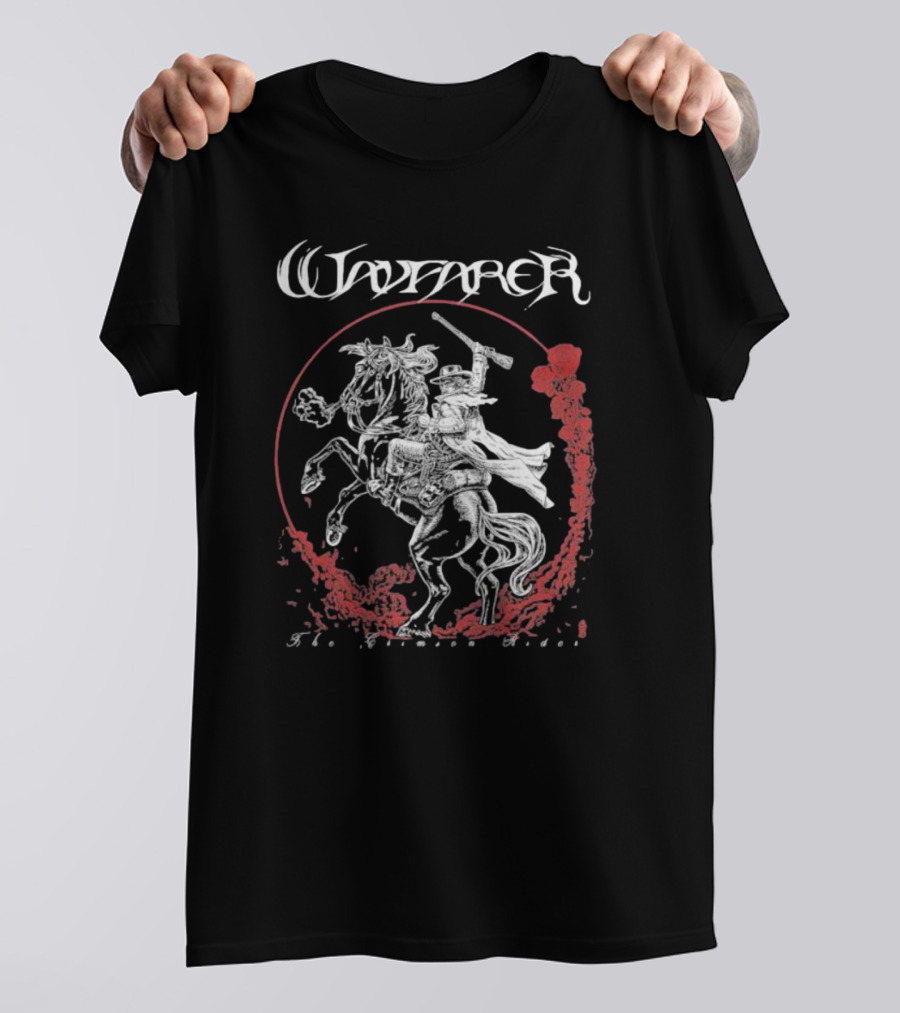 Wayfarer The Crimson Rider Vintage Western Hero On Horseback With Red Cloud Motif T-Shirt
