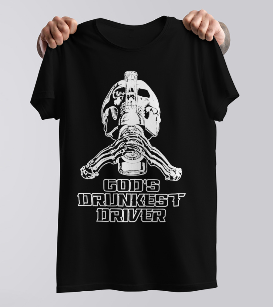 God's Drunkest Driver Skeleton Skull Holding Bottle T-Shirt