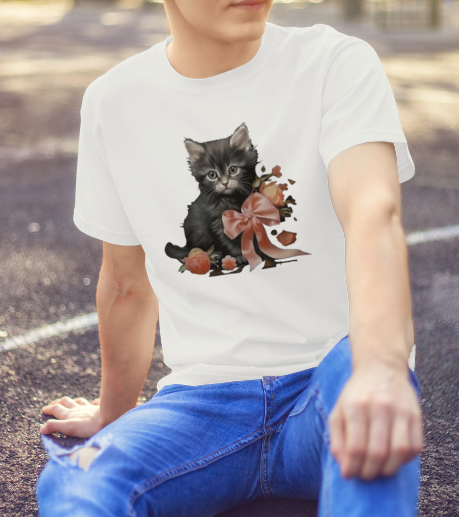 Kimchi And Miso Cute Cat With Bow And Flowers T-Shirt