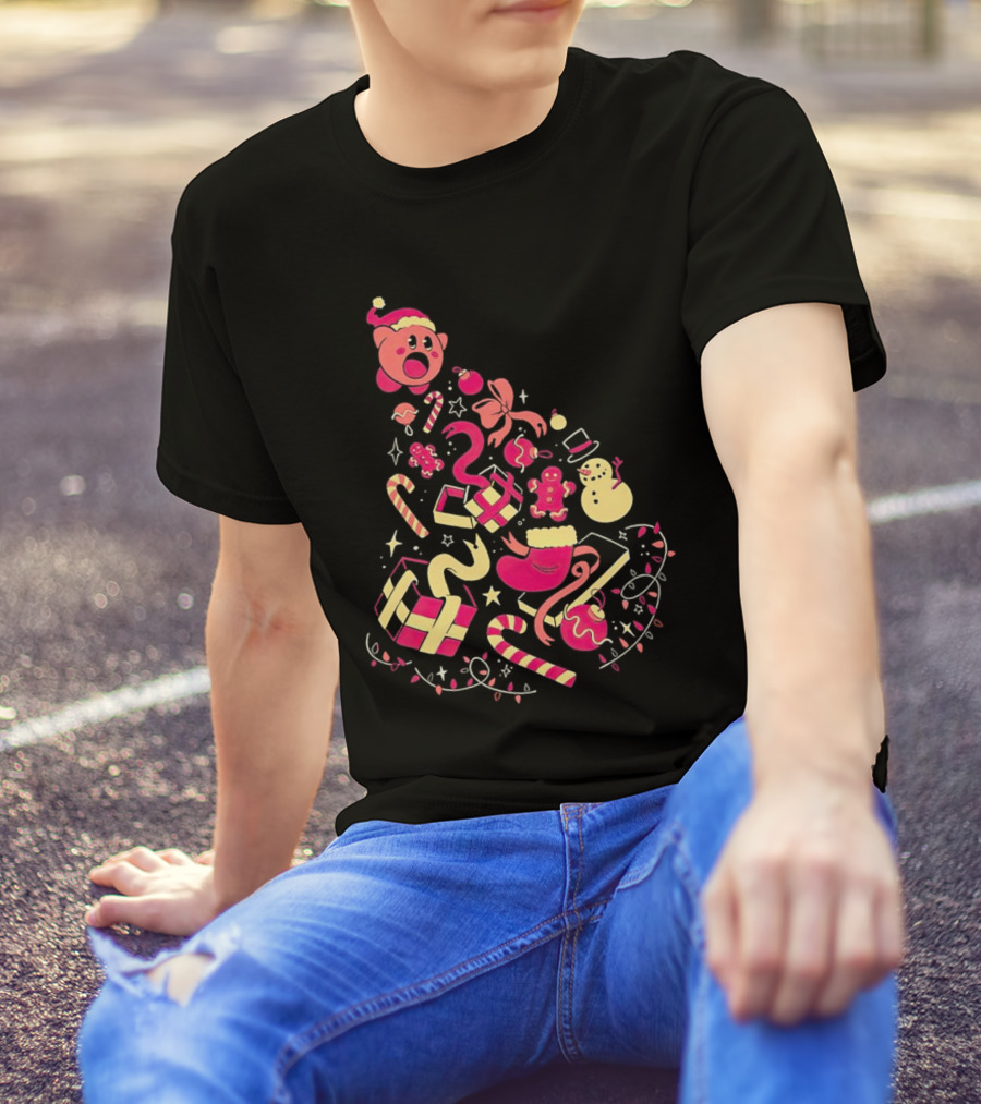 Kirby Christmas Santa Hat And Holiday Icons T-Shirt