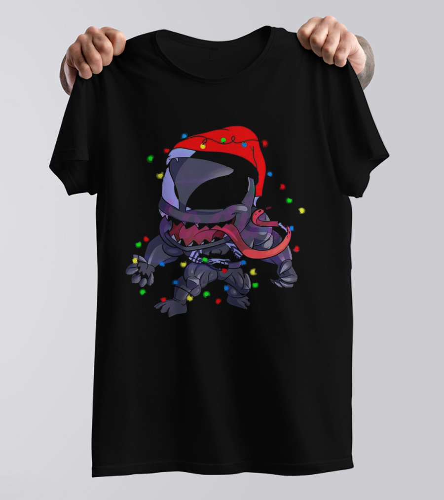 Venom Spiderman Marvel Christmas Lights Santa Hat T-Shirt