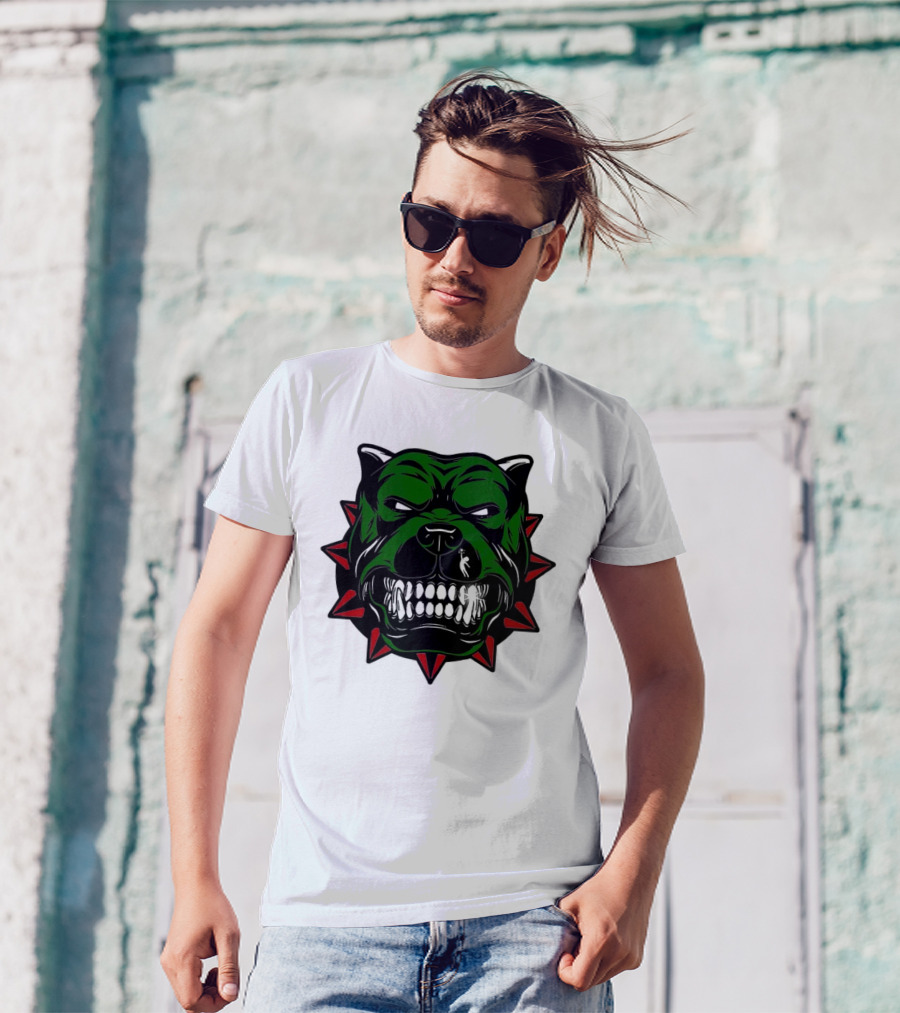 Angry Pitbull With Green Face And Red Spiked Collar Merry Christmas T-Shirt
