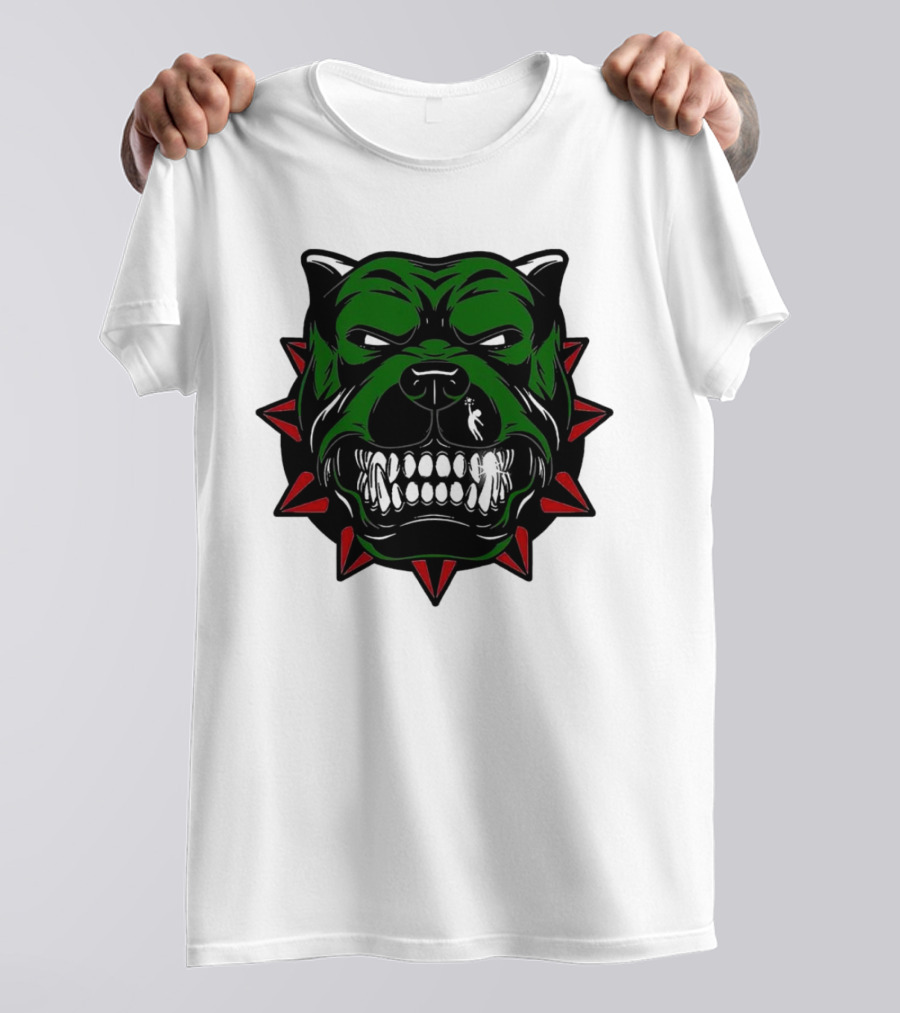 Angry Pitbull With Green Face And Red Spiked Collar Merry Christmas T-Shirt