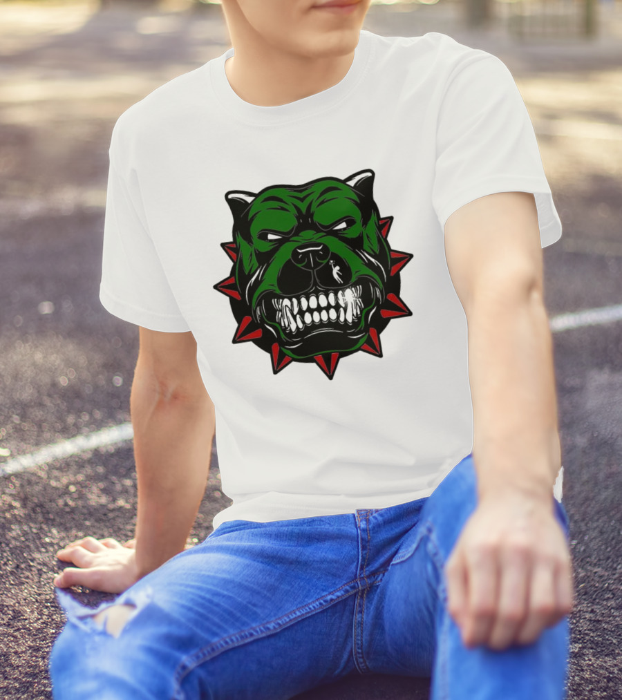 Angry Pitbull With Green Face And Red Spiked Collar Merry Christmas T-Shirt