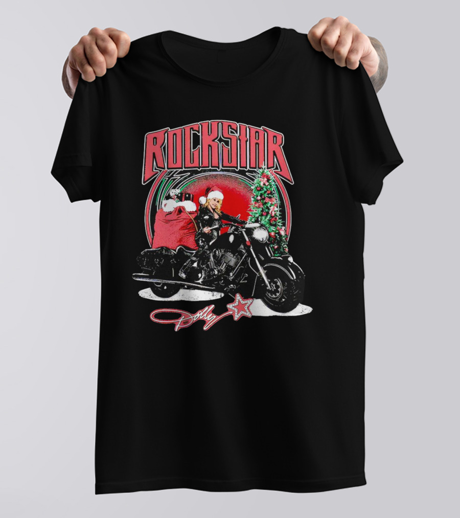 Rockstar Dolly Christmas Motorcycle Santa Holiday T-Shirt